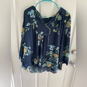 St. John's Bay Blue Yellow Floral Print Top Pleated Front V-Neck With Tie